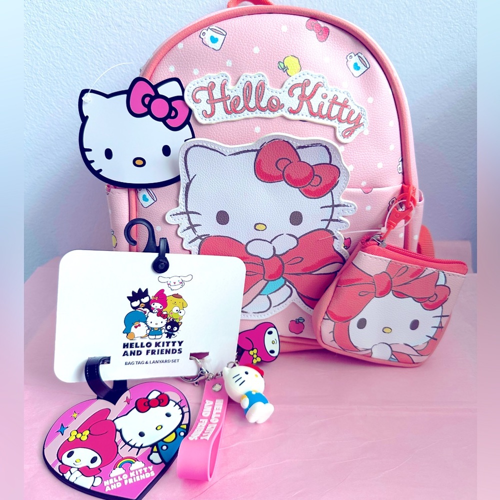 NWT Sanrio Hello Kitty Mini Backpack + Coin Purse + Bonus Bag Tag & Lanyard Set
